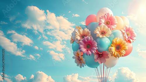 Bunch of party balloons and flowers flying in the sky on a bright  day. © Barosanu