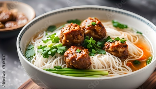 Rice vermicelli Noodle soup with pork balls in white bowl 