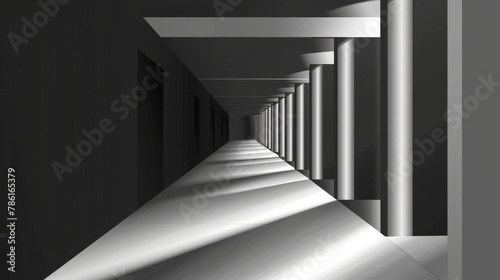 Modern illustration of a modern corridor or hallway interior of a house, office, or museum building with inclined columns and black walls. photo