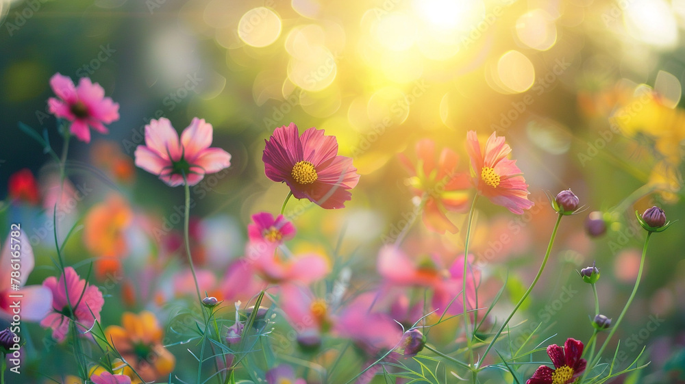 Flower field with natural blurred background in the morning Flower field with natural blurred background in the morning