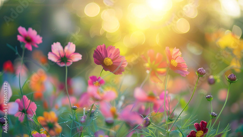 Flower field with natural blurred background in the morning