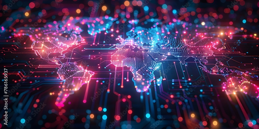Fototapeta premium Vibrant Holographic World Map Showcasing Global Digital Trends at Tech Conference