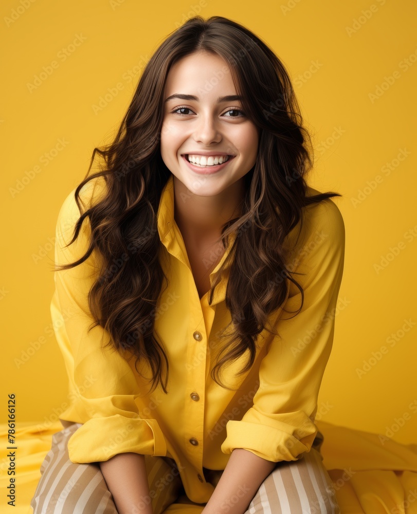 Portrait of caucasian girl, wearing a casual clothing and smiling on studio color background Portrait of caucasian girl, wearing a casual clothing and smiling on studio color background