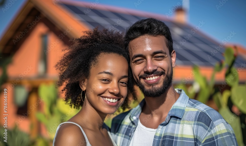 Happy couple young man and woman standing near their new eco friendly passive house with photovoltaic system solar panels for renewable energy on sunny day Happy couple young man and woman standing near their new eco friendly passive house with photovoltaic system solar panels for renewable energy on sunny day