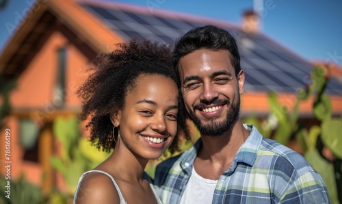 Happy couple young man and woman standing near their new eco friendly passive house with photovoltaic system solar panels for renewable energy on sunny day