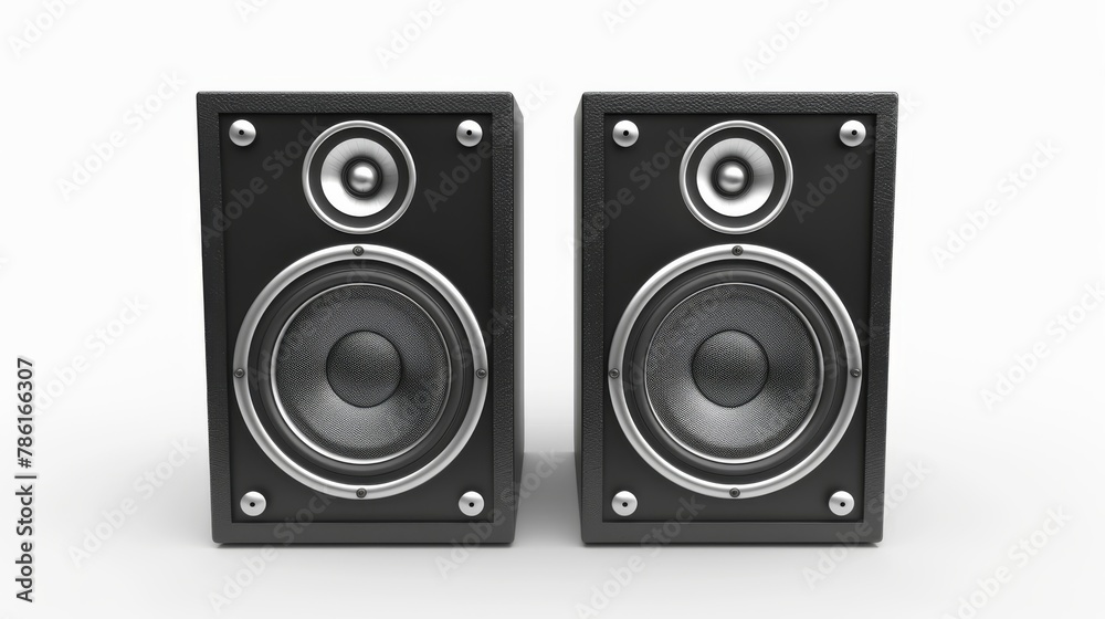 There is a white background behind two sound speakers with free space between them. There is a white background behind two sound speakers with free space between them.