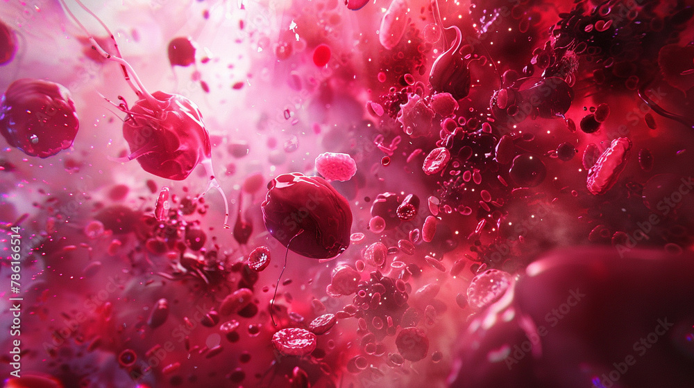 A digital artwork showcasing the beauty of blood cells in a 3D space with a dramatic background, A digital artwork showcasing the beauty of blood cells in a 3D space with a dramatic background,