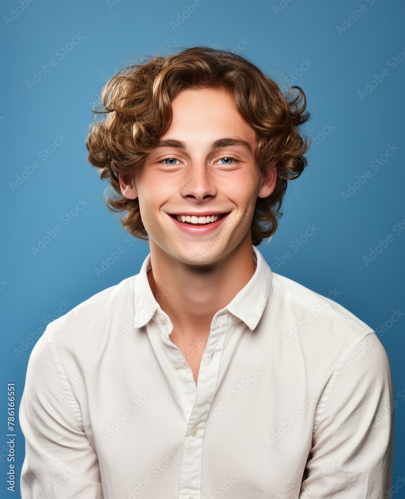 A young man with blonde hair and a white shirt is smiling for the camera A young man with blonde hair and a white shirt is smiling for the camera