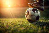 Kick off in soccer game. Banner, youthful foot in sneakers on a soccer ball on the grass. Sun rays