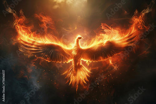 A fiery phoenix rising from the ashes against a dark, smoky backdrop , photo