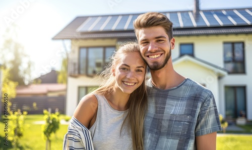 Happy couple young man and woman standing near their new eco friendly passive house with photovoltaic system solar panels for renewable energy on sunny day