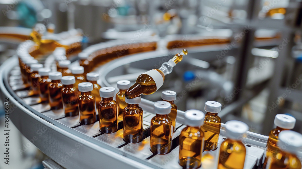 A conveyor belt with many bottles of medicine on it. The bottles are yellow and white