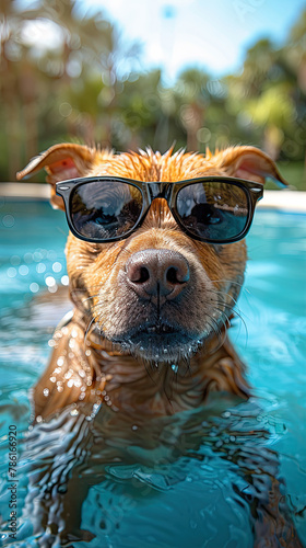 Staffordshire Bull Terrier dog in the pool