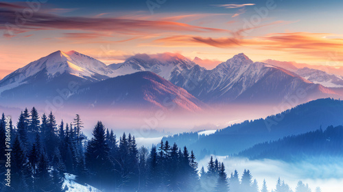 Beautiful landscape with sunrise in the snowcapped  © Ashley