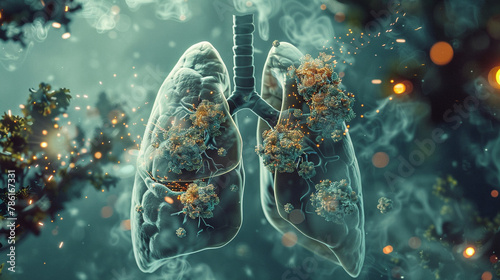 A surreal 3D animation scene of a microscopic battlefield within human lungs, where previously inhaled cigarette smoke particles join forces with invading pneumonia viruses. #786167331