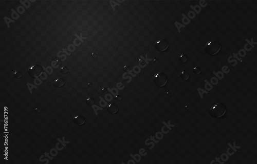 Vector drops png. Drops after rain, drops of dew. Condensation on the surface or glass. Drops on a black background PNG.