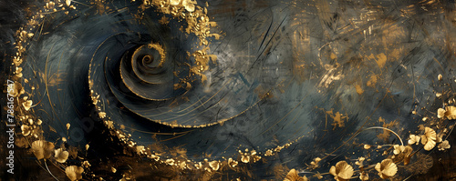 Liquid space swirl of gold particles on black background
