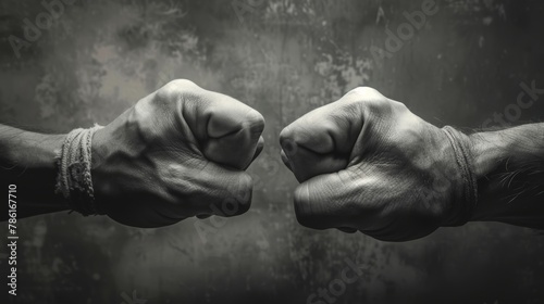 The clash of two fists on a toned background is a symbol of confrontation, fight, and domestic violence. photo