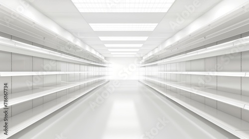 This realistic supermarket interior mockup features white shelves and an aisle between rows of retail display units.