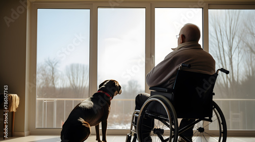 A lonely elderly senior person in wheelchair in a nursing home, sitting by the window with his dog. © photo for everything