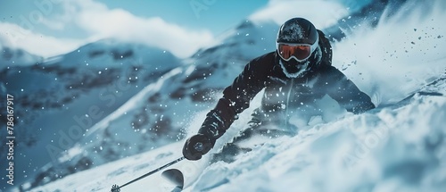 Sleek Skier Conquers Mountain Slope. Concept Winter Sports, Skiing, Mountain Adventure, Outdoor Lifestyle, Snowy Landscape photo
