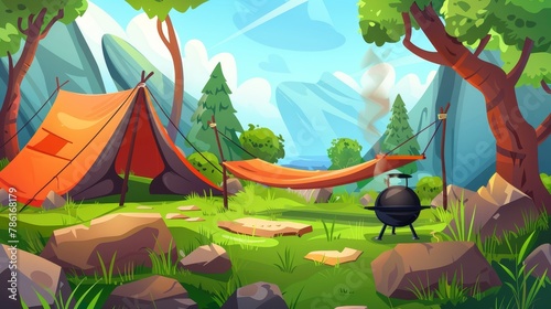 An illustration of a glamping leisure activity for weekends showing a tent, hammock, grill, grass and trees in a green natural landscape. photo