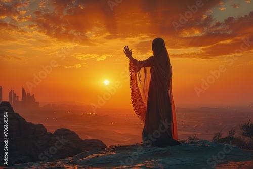 Woman Standing on Mountain Top at Sunset