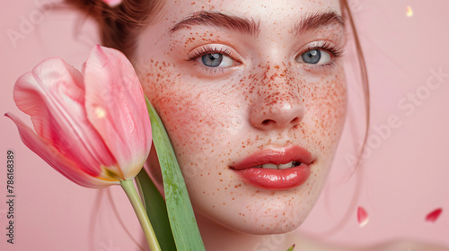 Beautiful woman with freckles and tulip on pink background