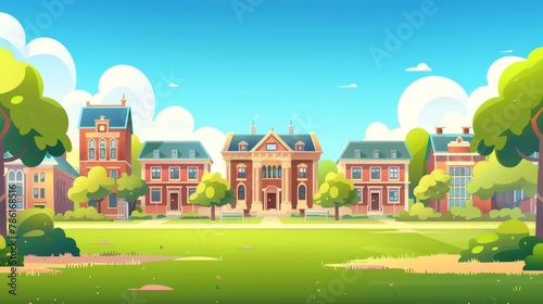 Modern cartoon illustration of a summer landscape with education buildings, a kindergarten, a primary school, and a daycare center.