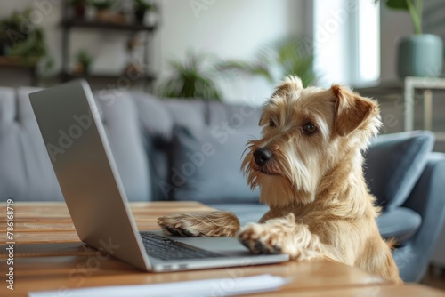 Dog sitting at a desk in front of a grey laptop. His paws are touching the keyboard as he is typing