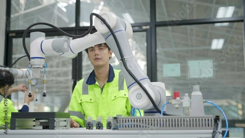 Group of multiethnic engineer researching and developing a robotics arm in scientific technology laboratory. Technician examining Industrial robot machine. Automated and manufacturing factory concepts