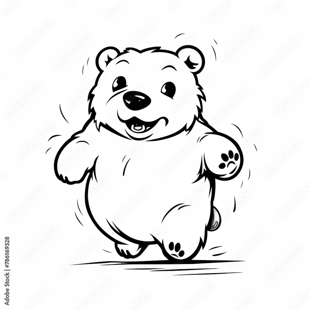 Fototapeta premium dynamic running teddy bear, Black and white, line drawing, white background сreated with Generative Ai