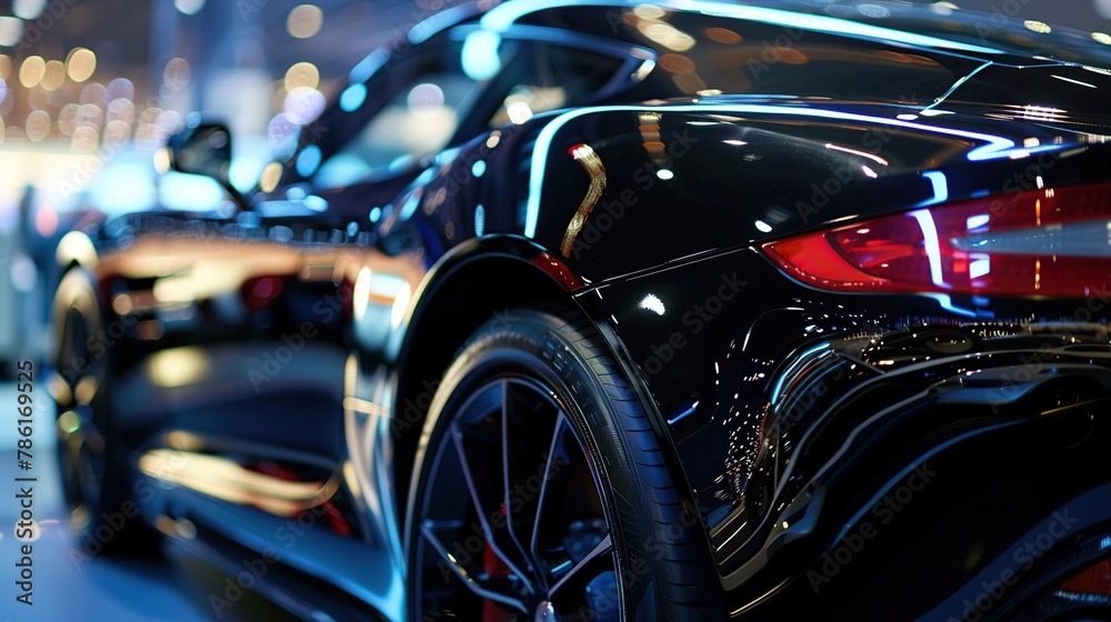 Close up of a sleek black luxury sports car's headlight, Luxury sports car showroom concept background.