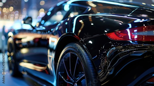 Close up of a sleek black luxury sports car's headlight, Luxury sports car showroom concept background. © Penatic Studio