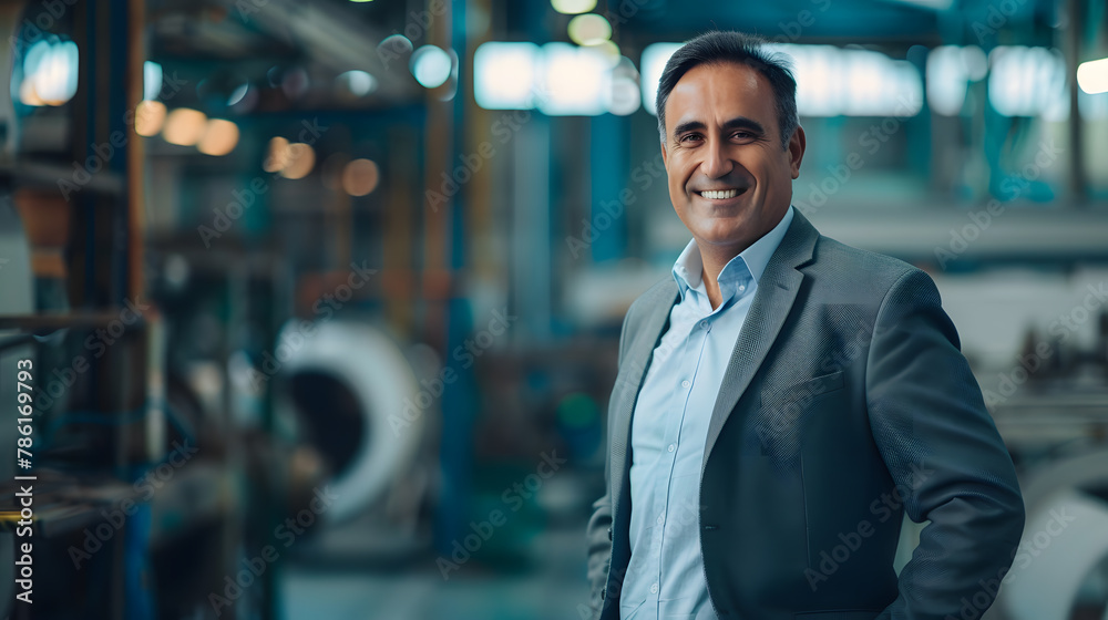 Portrait of a factory owner or manager in a business suit background warehouse. Banner industrial plant process Portrait of a factory owner or manager in a business suit background warehouse. Banner industrial plant process