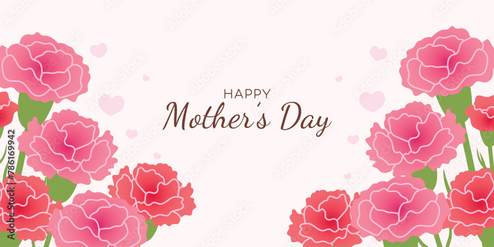 Happy Mother's Day flower background vector. Hand drawn floral wallpaper design of Pink and red Carnation flowers, bouquet. Mother's day concept illustration for cover, banner, greeting card