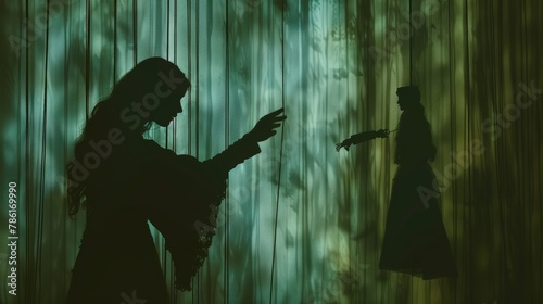 Multi-exposure image. Silhouette of woman in cloak and marionette on string. Concept of control.
