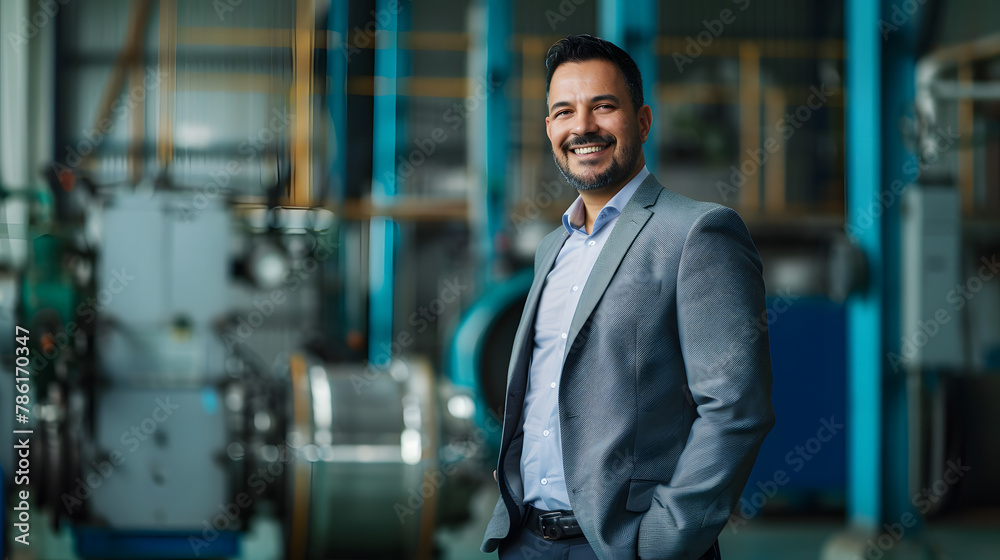 Portrait of a factory owner or manager in a business suit background warehouse. Banner industrial plant process Portrait of a factory owner or manager in a business suit background warehouse. Banner industrial plant process