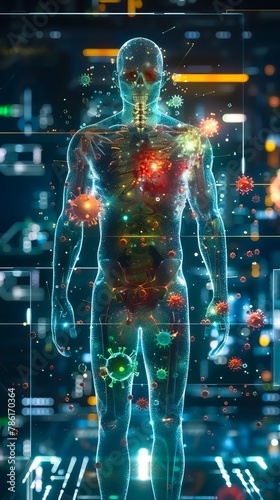 Human body anatomy with virus bacteria , 3d render , futuristic background © Pairat