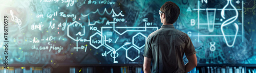 Scientific symbols and formulas integrated into an artistic representation of a laboratory