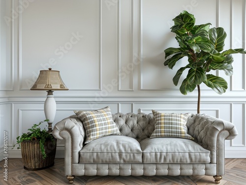 3D rendering of an elegant living room. It features a classic gray velvet sofa, luxurious assorted pillows, a traditional green plaid, an antique lamp
