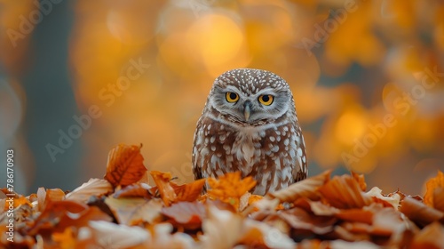 Owl Perched on Pile of Leaves