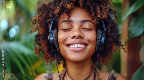 Woman Wearing Headphones Smiling at Camera