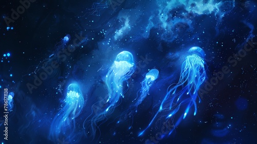 Glowing Jellyfish Adrift in a Dark Underwater Seascape with a Luminous Blue Glow and Ethereal Movement
