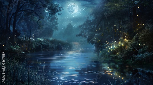 Mystical Riverbank Illuminated by Fireflies and Moonlight in an Enchanted Forest at Night © doraclub