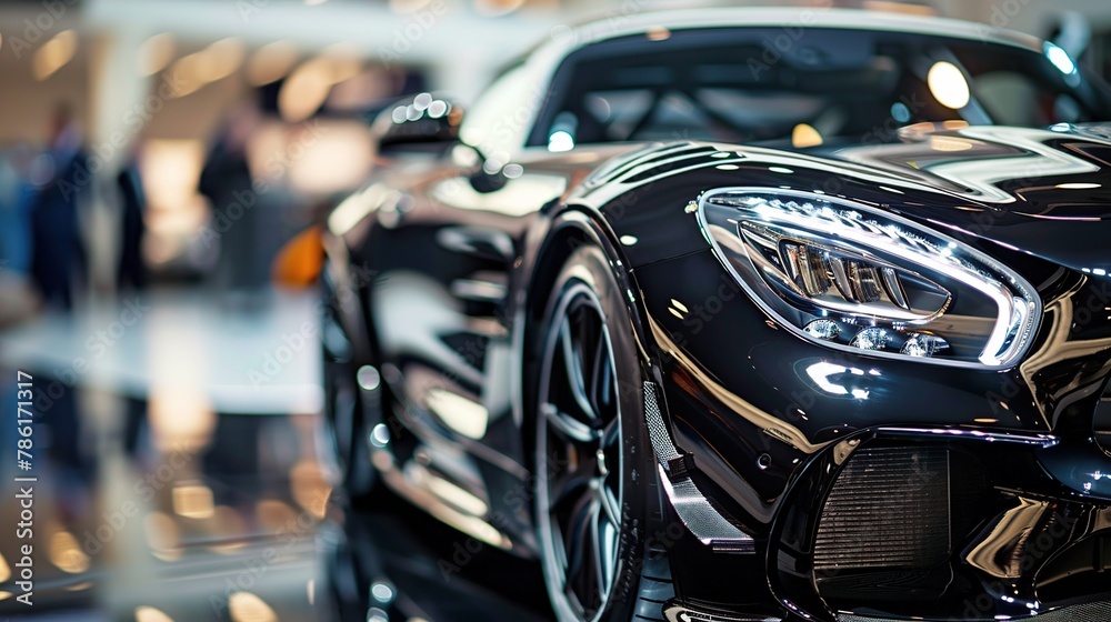 Closeup Sleek black sports car. Headlights and hood of sport car. Luxury sports car showroom concept background.