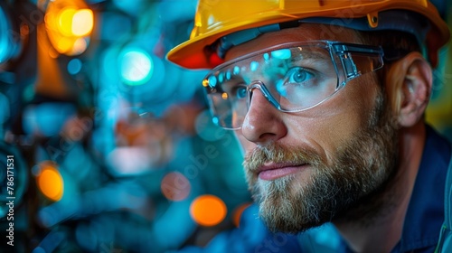 Man Wearing Hard Hat and Safety Glasses photo