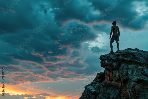 Man Standing on Top of Rock Under Cloudy Sky