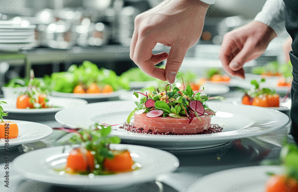 A chef in a professional kitchen carefully adds the finishing touch to dishes before serving them. Chef hands decorating a plate in a kitchen of a restaurant. 