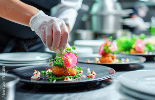 A chef in a professional kitchen carefully adds the finishing touch to dishes before serving them. Chef hands decorating a plate in a kitchen of a restaurant. 